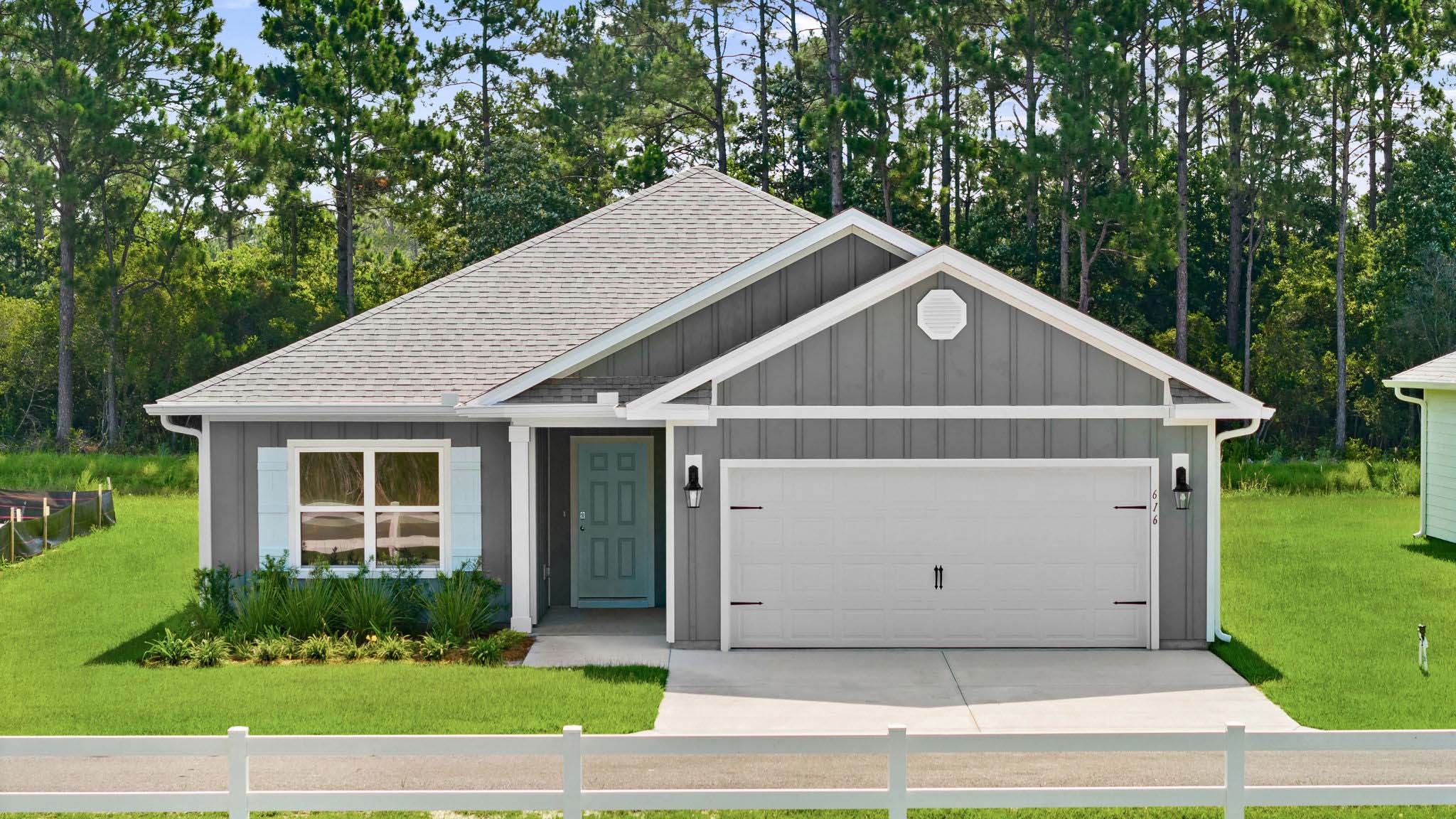 Walker plan at Buffer Farms front of home with Hardie siding and two car garage.