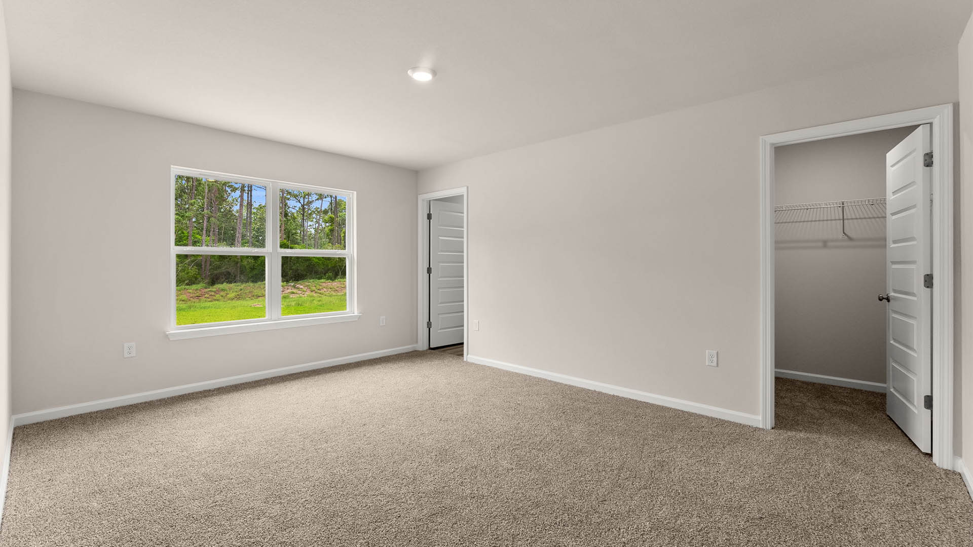 Primary bedroom with carpet flooring two windows with bathroom and closet entrances.