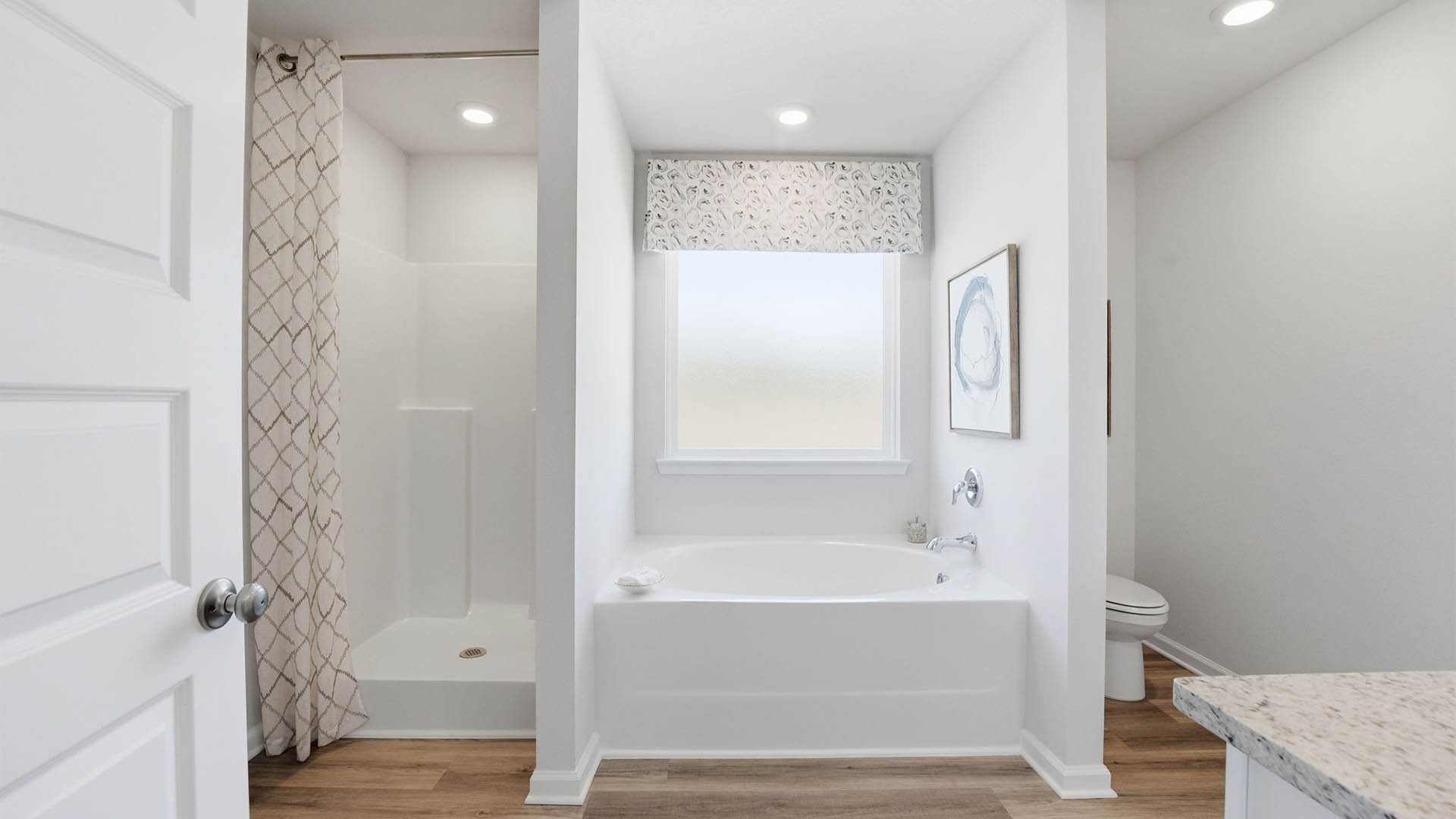 Primary bathroom with separate shower and tub with coated window.
