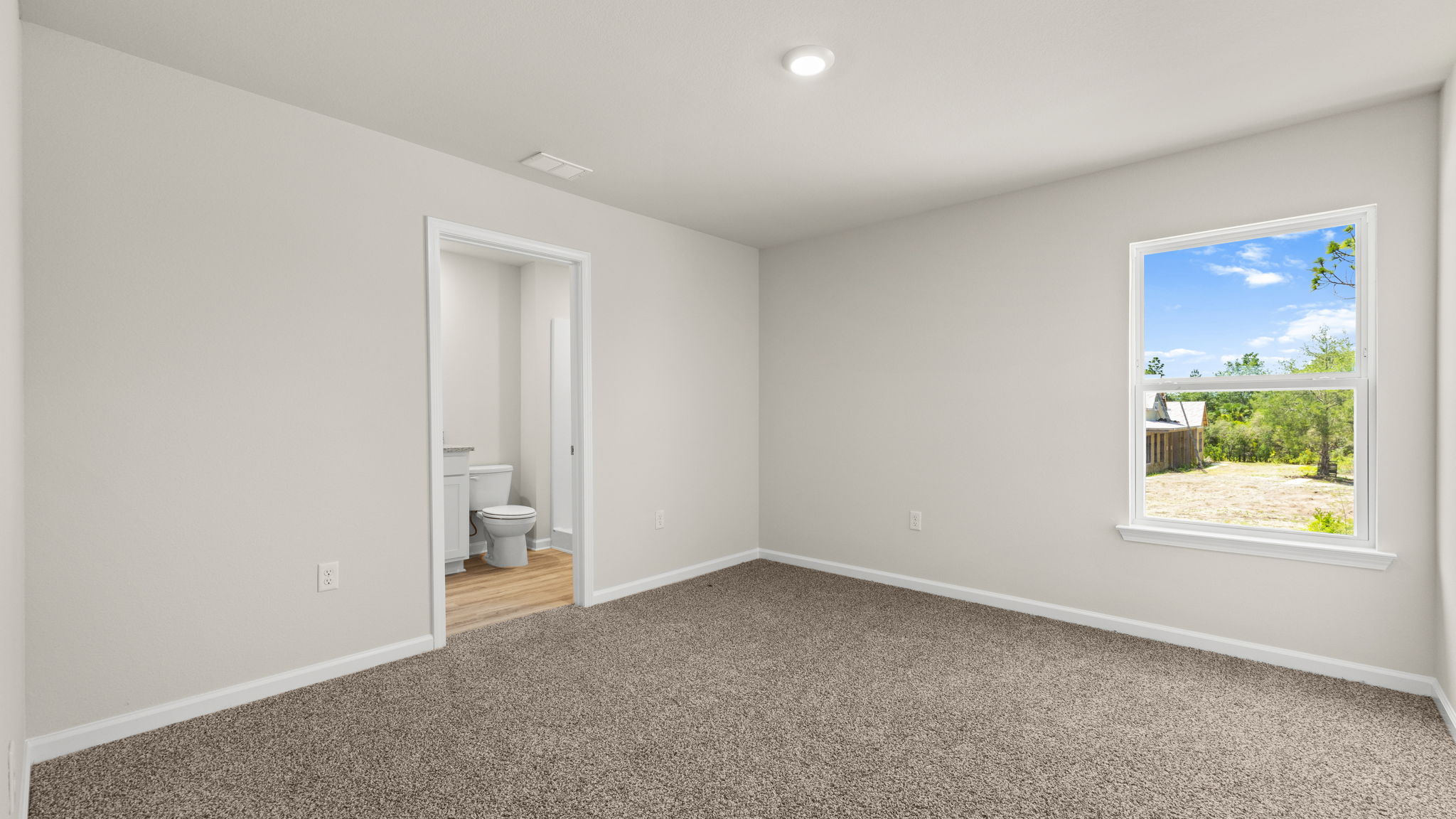 Primary bedroom with carpet floor and bathroom entrance.