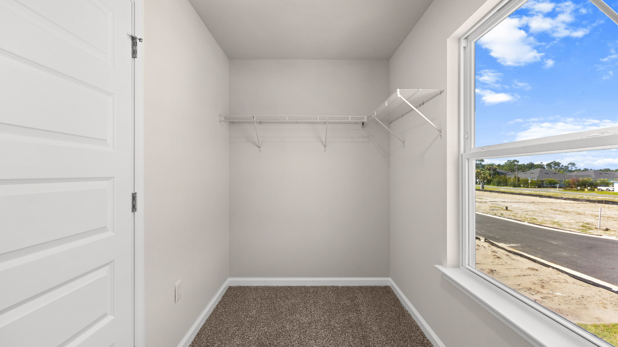 Primary bathroom closet with carpet flooring and shelving and window.