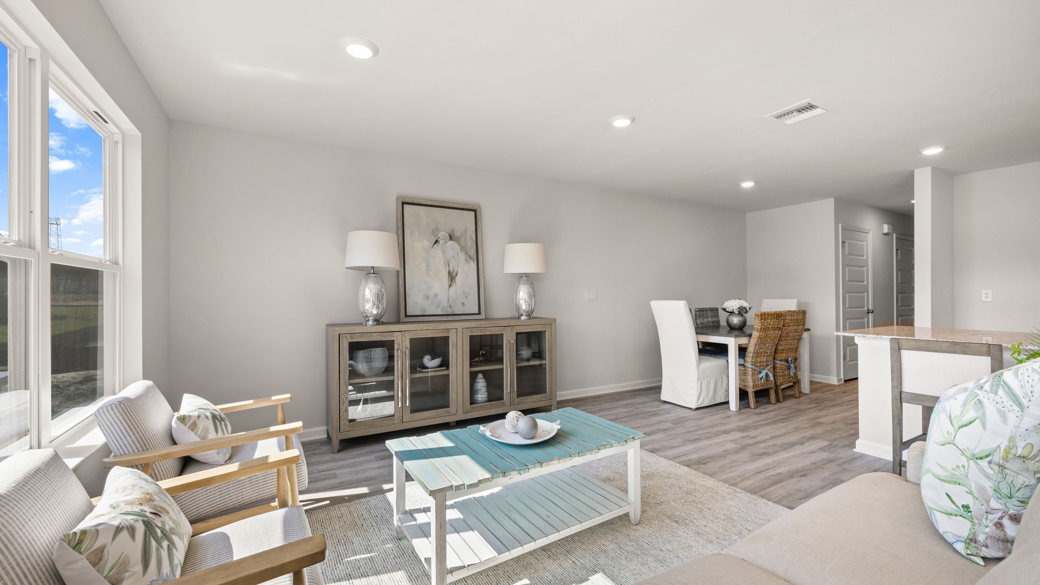 Open living room and dining area.