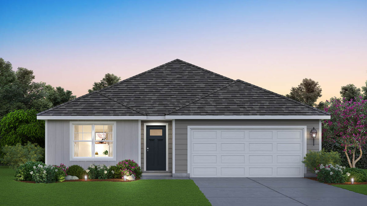 Exterior of one-story rendering home.