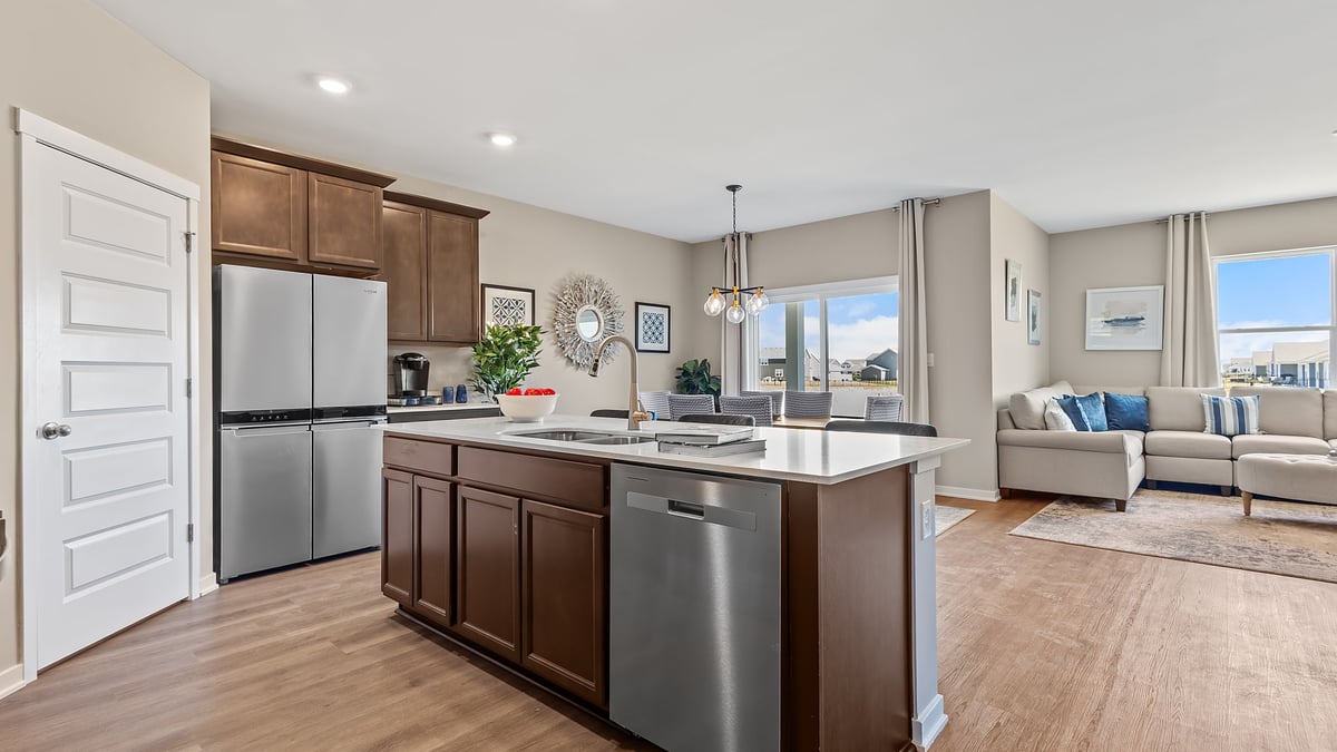 Kitchen with a kitchen island viewing the dining room area.