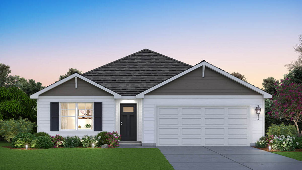 Rendering exterior of one-story home.
