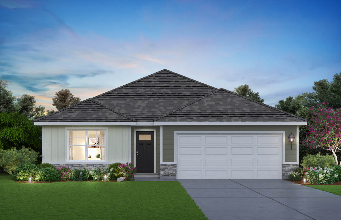 front exterior home with stucco exterior and a two car garage