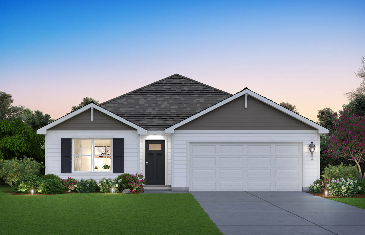 front exterior home with stucco exterior and a two car garage