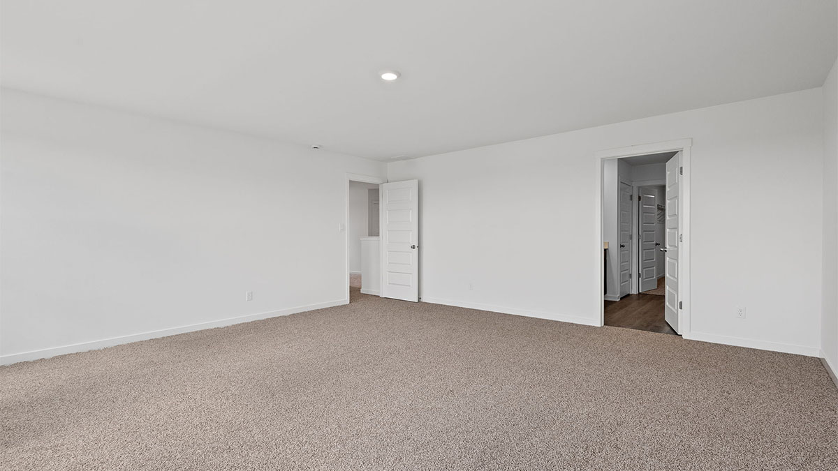 Primary bedroom with carpeted floors with great space.