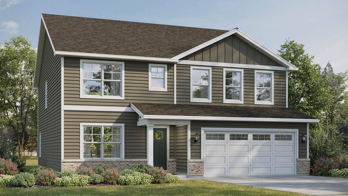 Exterior of rendering of two-story home.