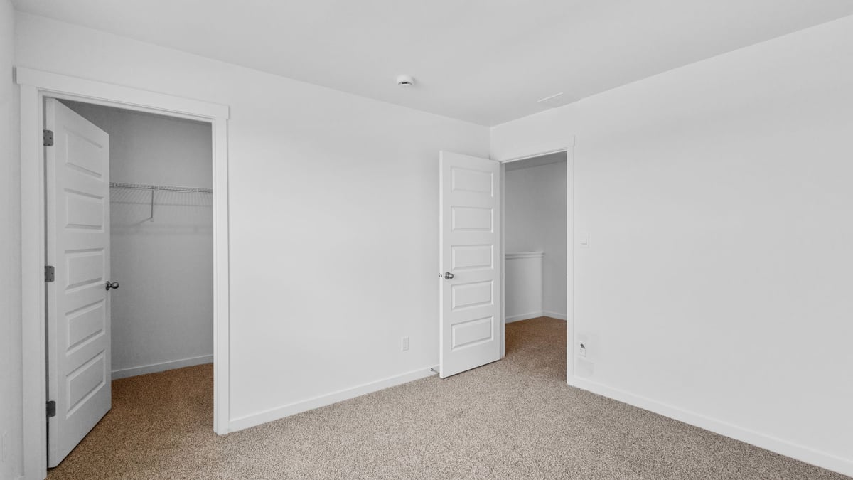 Bedroom with carpet and walk in closet.