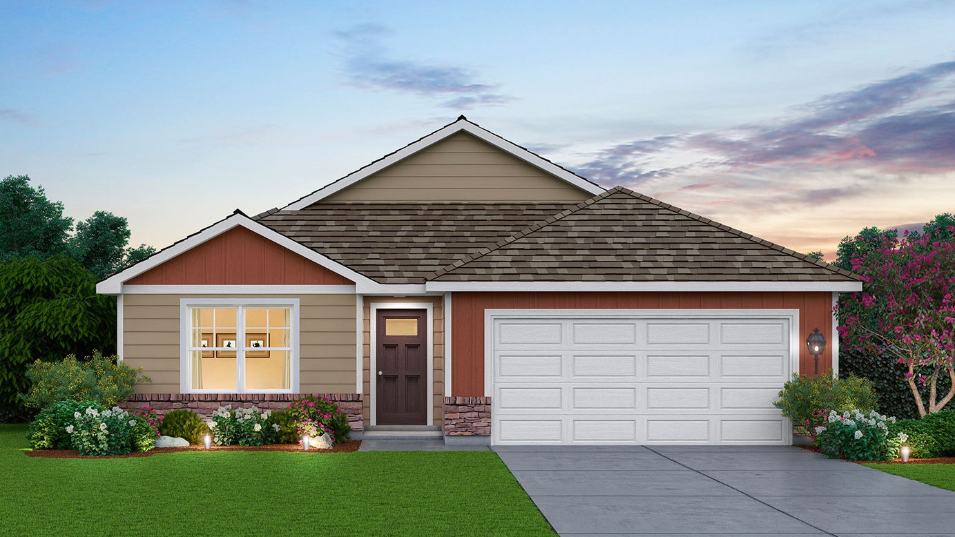 Exterior rendering of a one-story home.