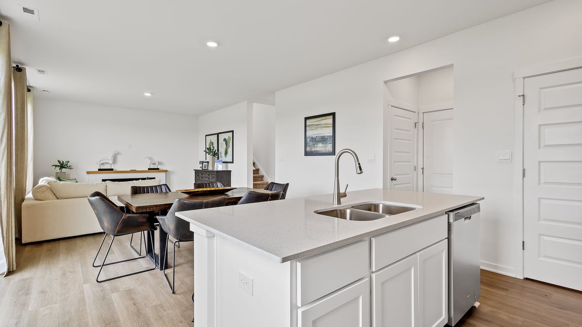 Kitchen island with view of living area.