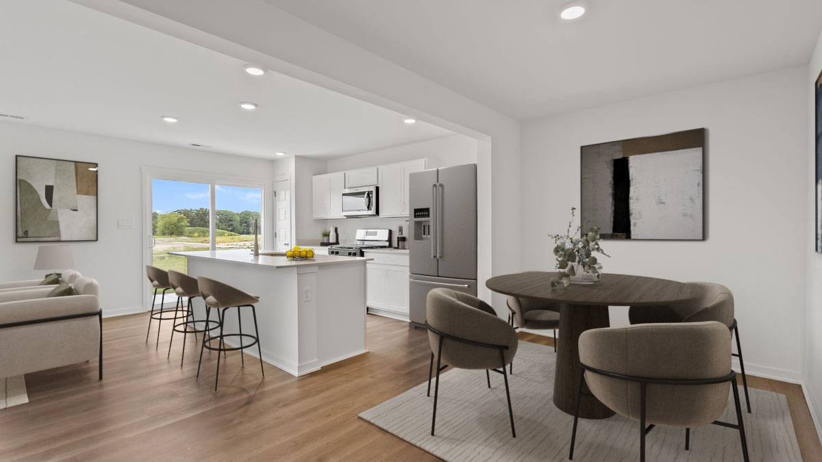 Virtual model of kitchen and dining area.