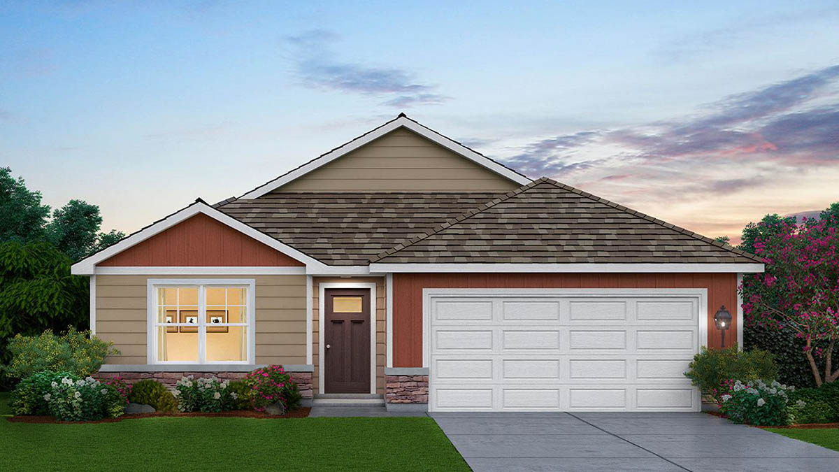 Exterior rendering of a one-story home.