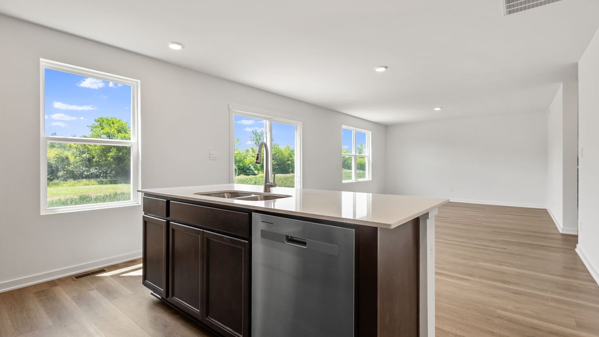 Kitchen island with view of living area.