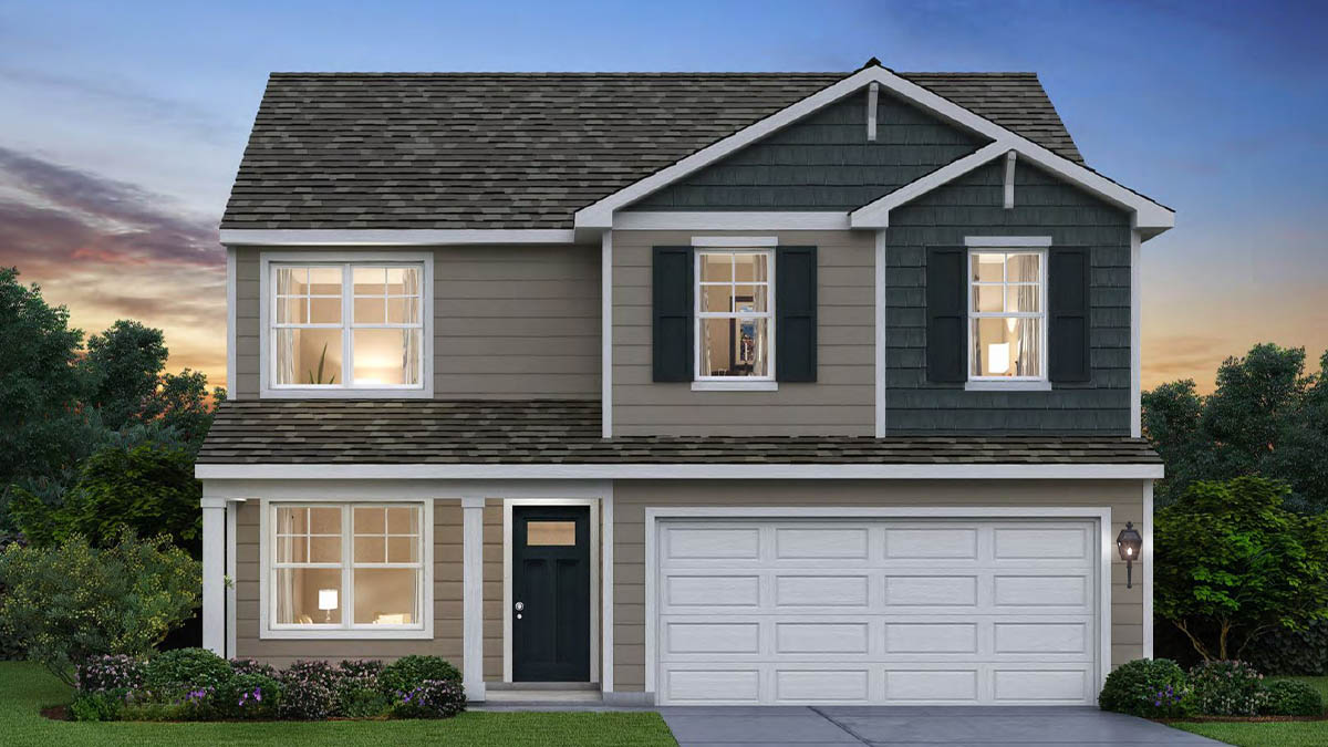 Exterior grey two-story home with blue cladding