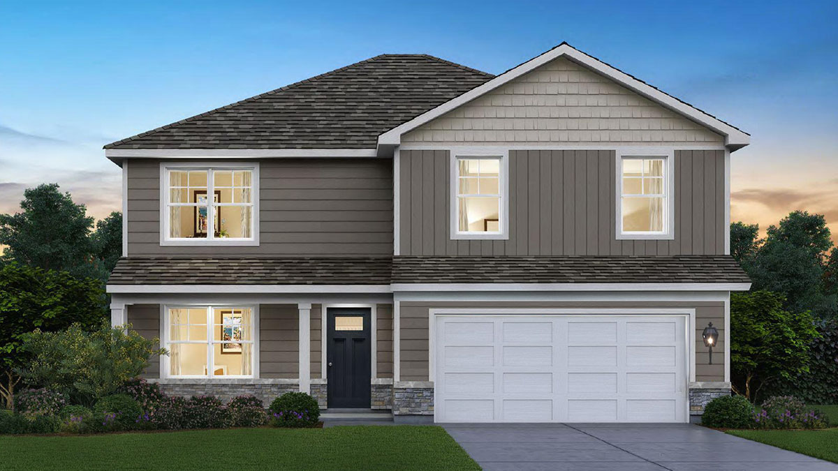 Exterior rendering of henley with a front porch and stone and vinyl siding