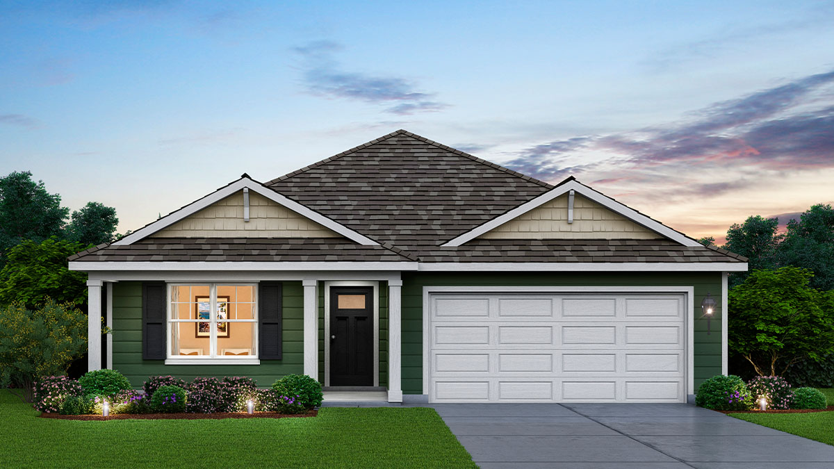 Exterior of one-story rendering home.