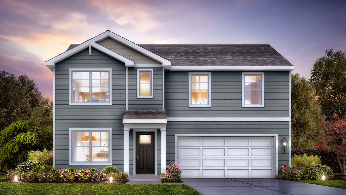 Rendering of a two story home exterior.