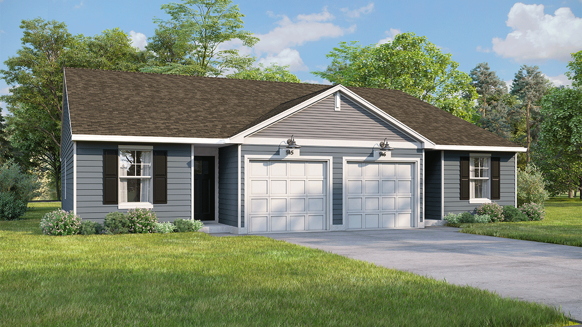 Exterior rendering of one-story duplex.