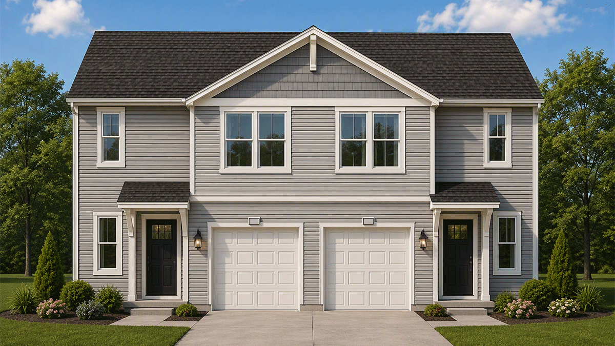 Exterior rendering of two-story duplex home and a single-car garage.