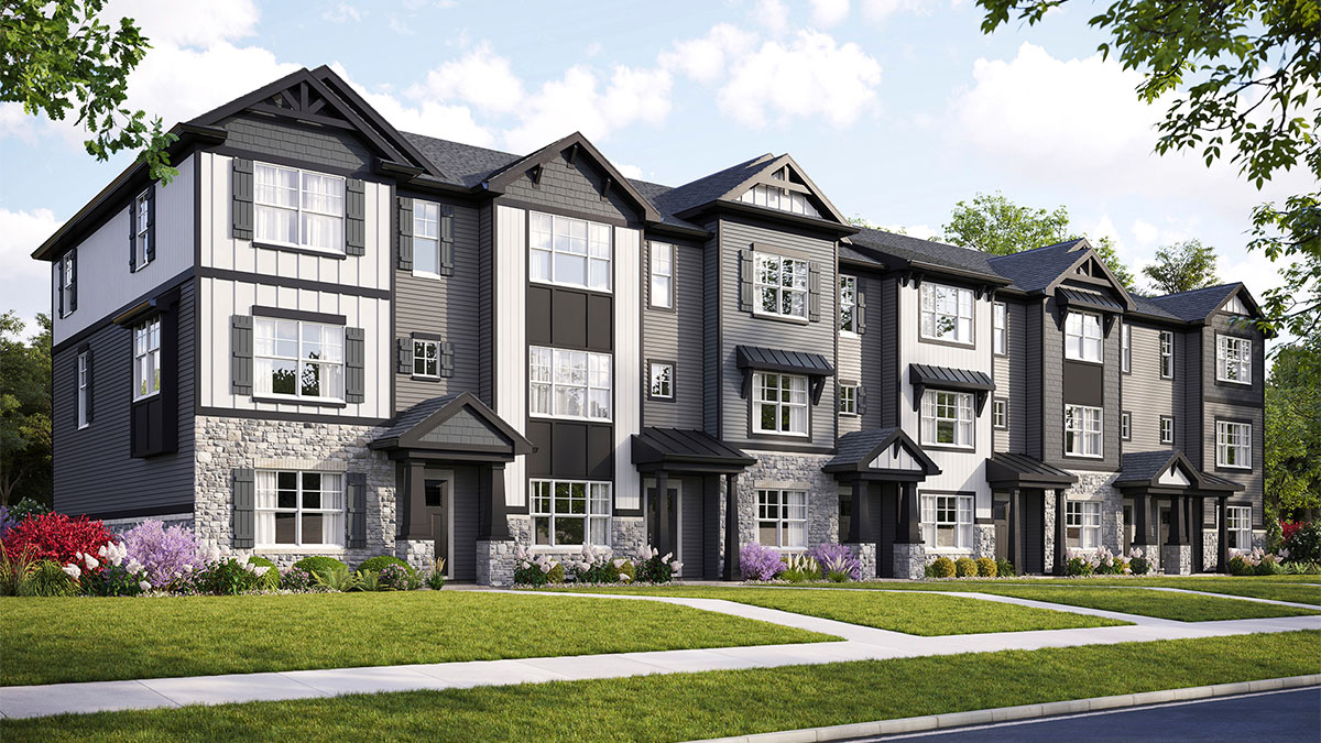 Exterior rendering of three-story townhome.