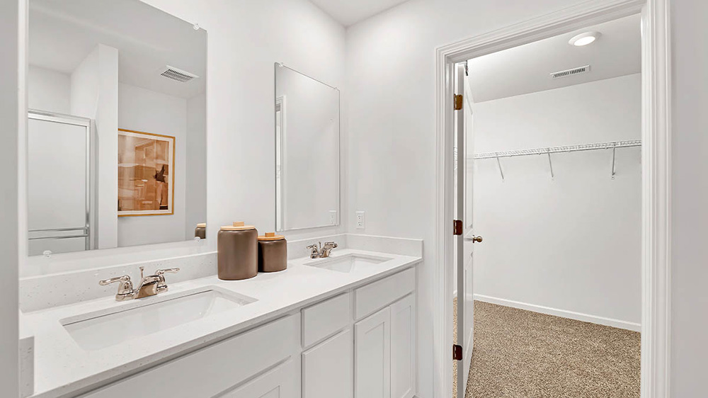 Modern bathroom with dual sinks, white cabinetry, beige carpet, and a walk-in closet entrance. Minimalist decor exudes a clean, spacious feel.