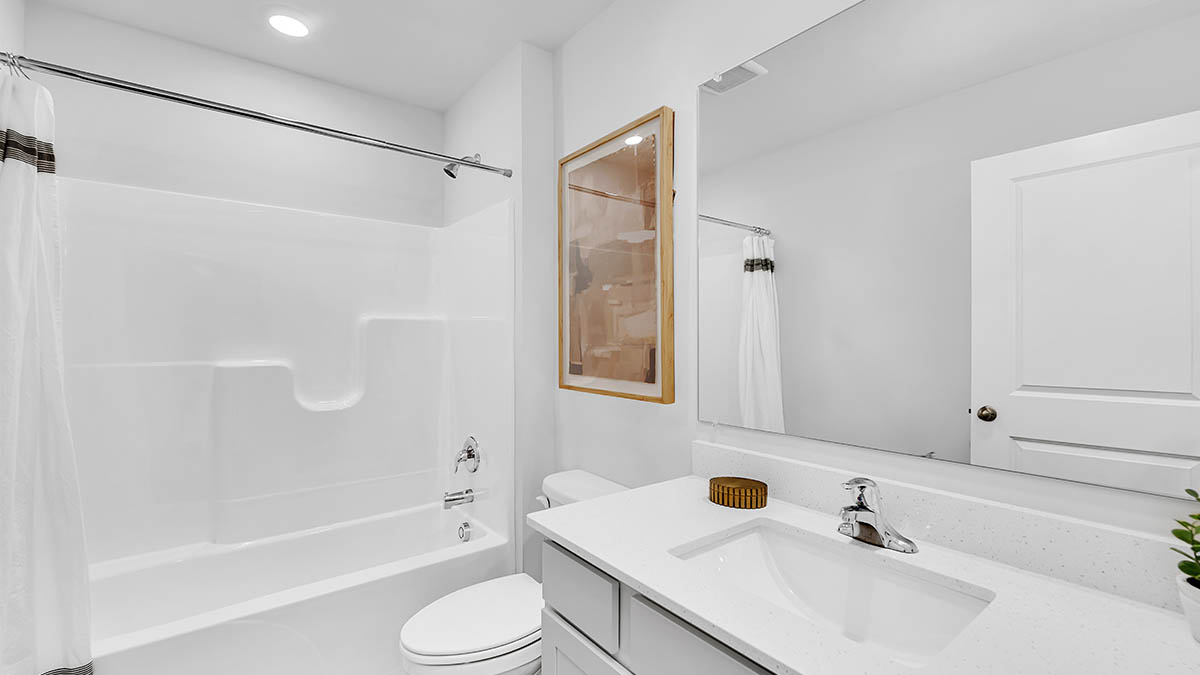 Modern bathroom with white fixtures, featuring a shower-tub combo with a curtain, large mirror above a counter with a sink, faucet, and decorative plant.