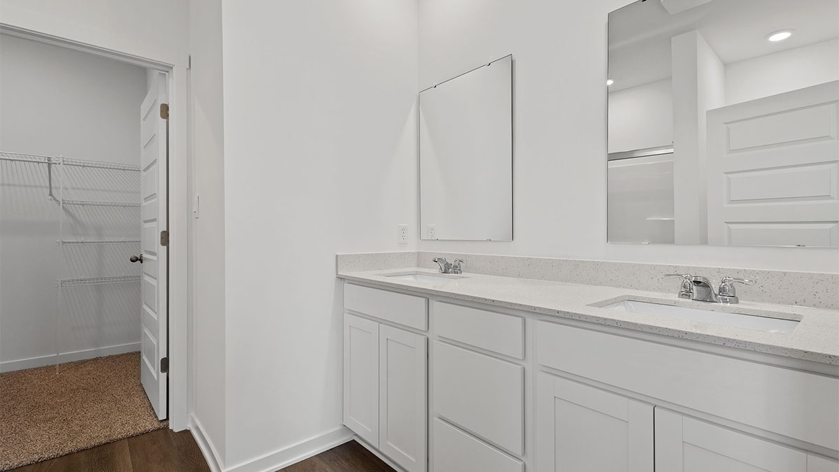 Bathroom with a dual vanity sink and a walk in closet.