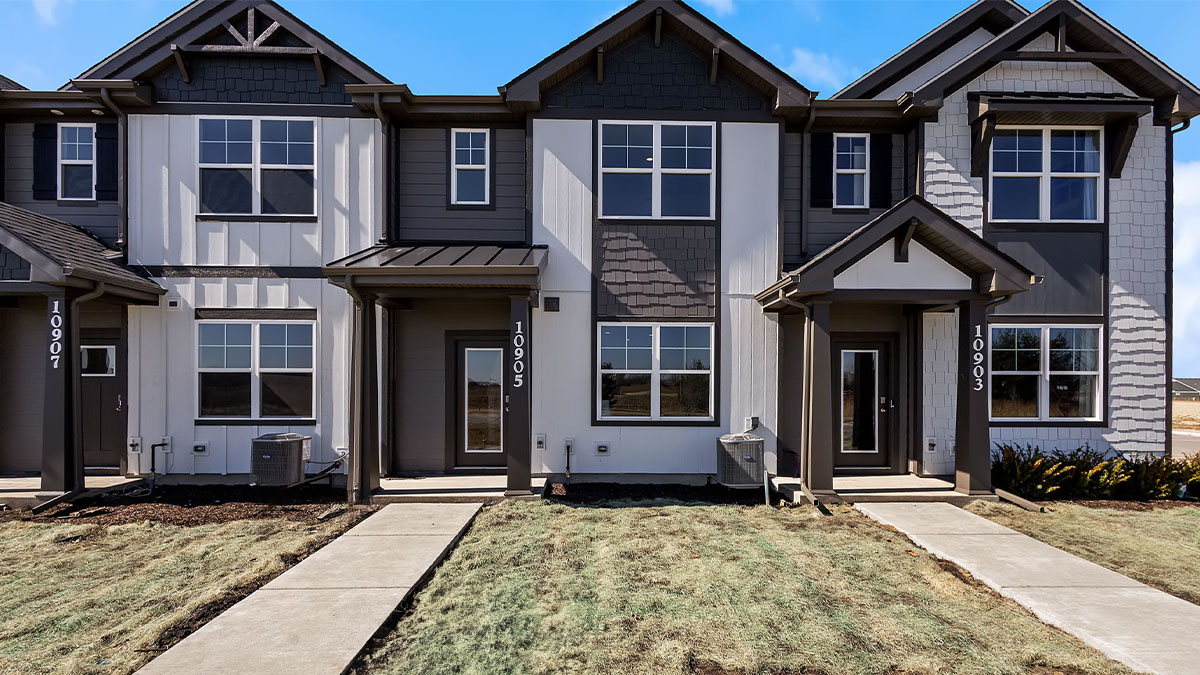 Exterior of two-story townhomes.