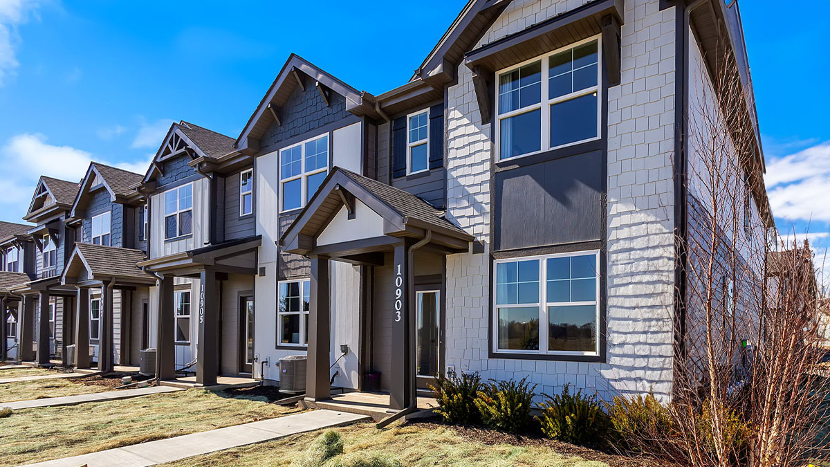 Exterior of two-story townhomes.