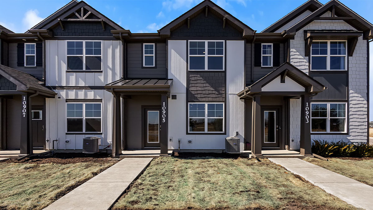 Exterior of two-story townhomes.