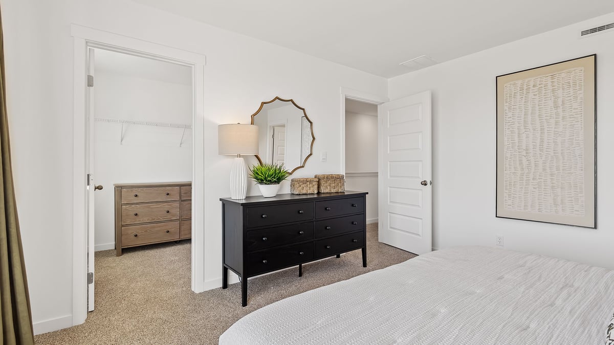 Primary bedroom with a walk-in closet and carpeted floors.