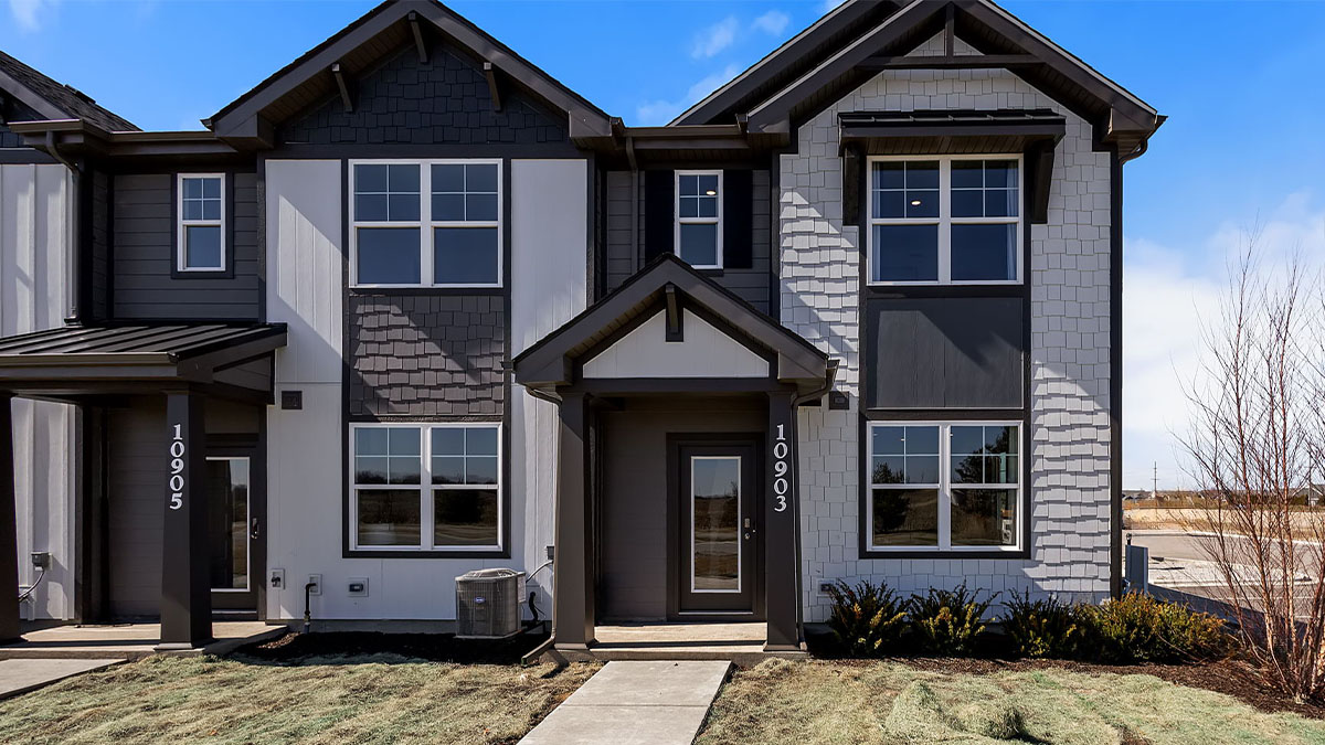 Exterior of two-story townhomes.