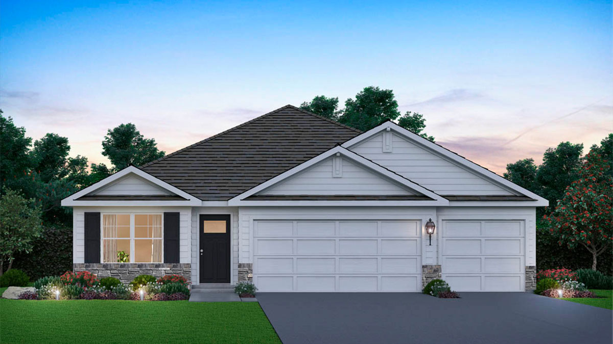 Rendering of one-story home with a three-car garage.