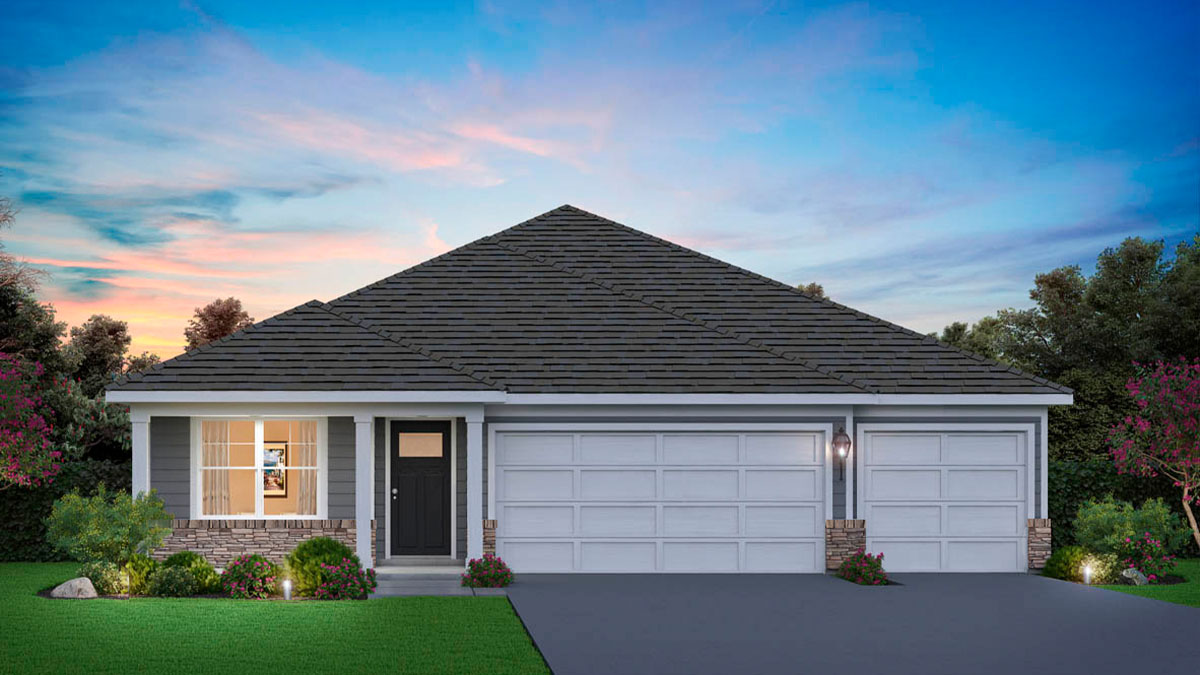 Rendering of one-story home with a three-car garage.