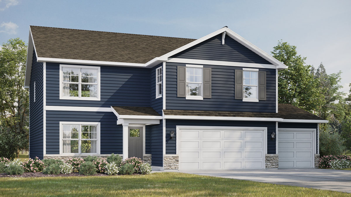 Rendering exterior of a two-story home with a three-car garage.