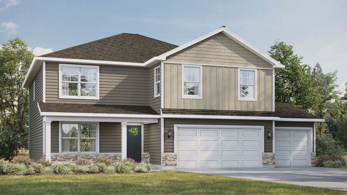 Rendering exterior of two-story home with a three-car garage.