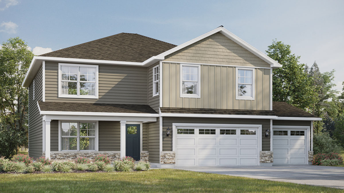 Rendering of two-story home with a three-car garage.