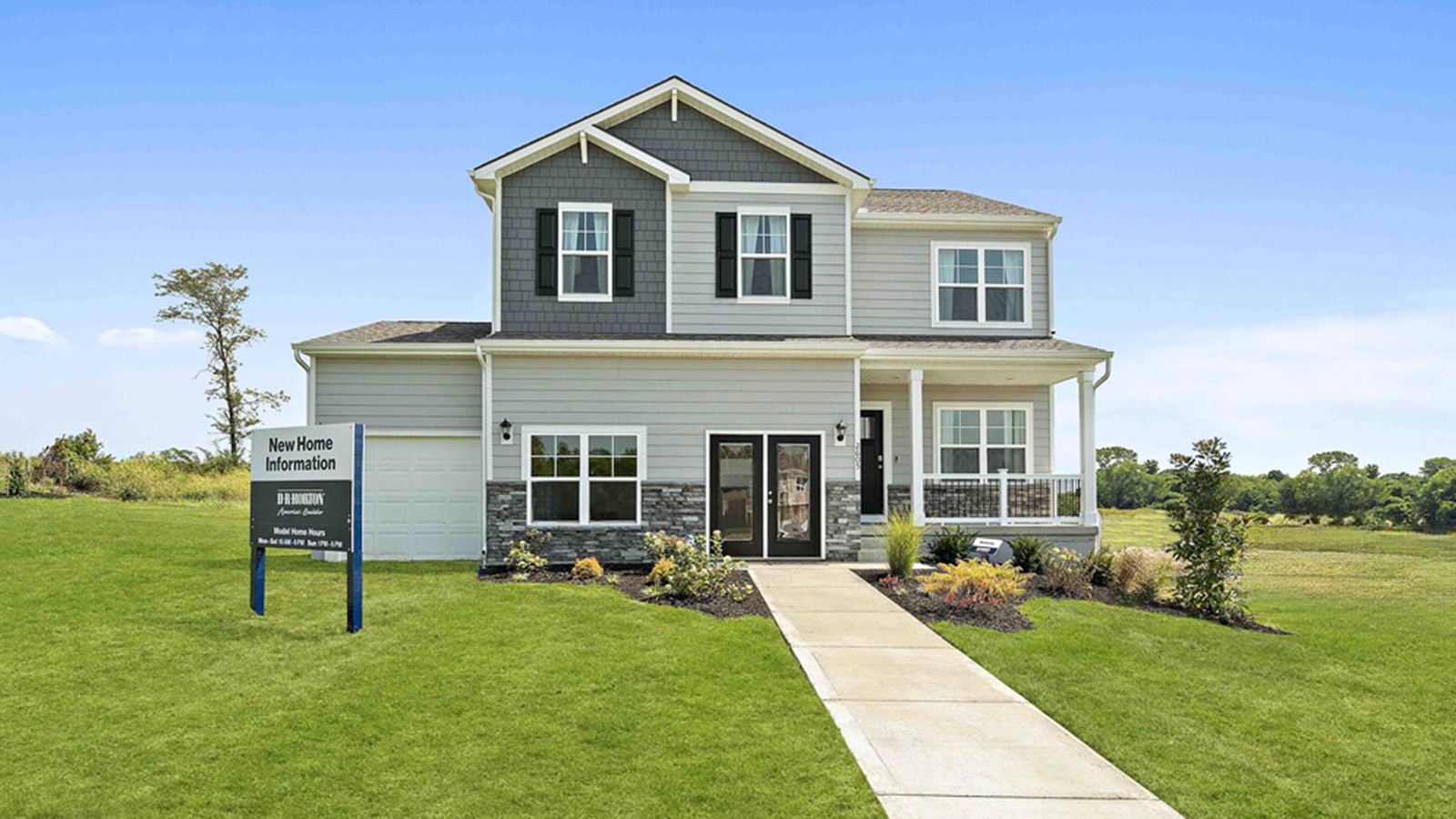Bellamy front exterior rendering with siding, stone, and two car garage, new homes in Kansas City, MO