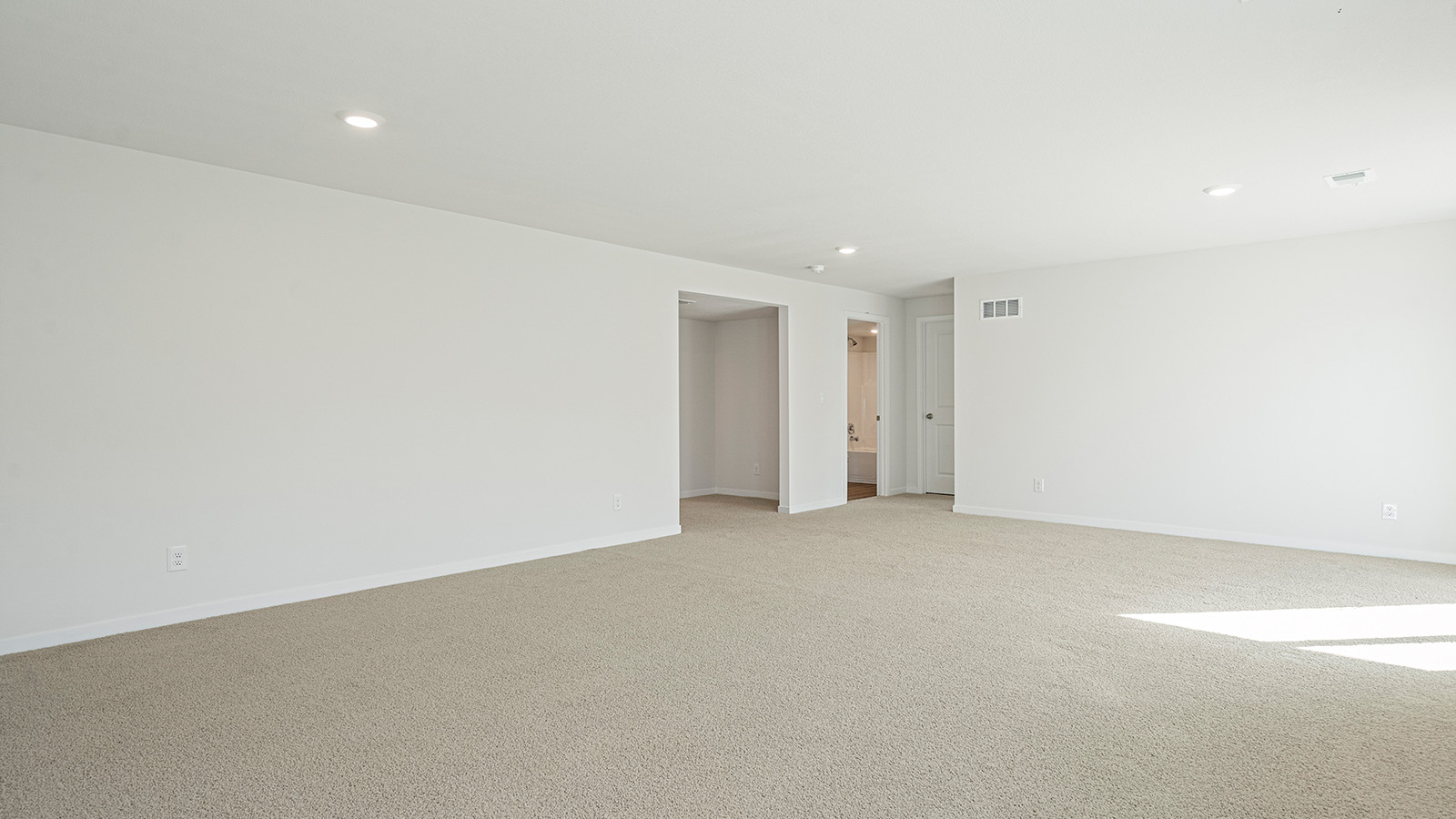 Large open concept carpeted basement with large windows