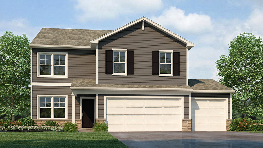 Bellamy front exterior with beige siding and garage