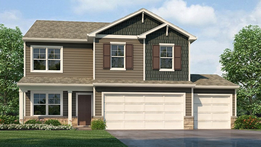 Bellamy front exterior with beige siding and garage
