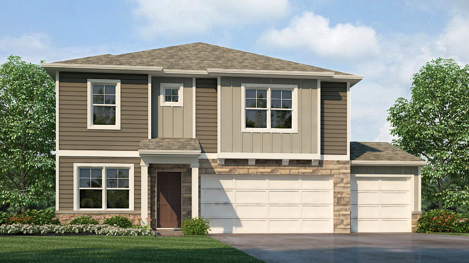 Holcombe front exterior with beige siding and garage