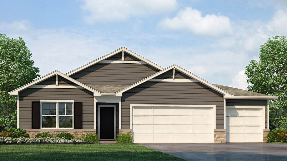 Newcastle front exterior with brown siding and two car garage