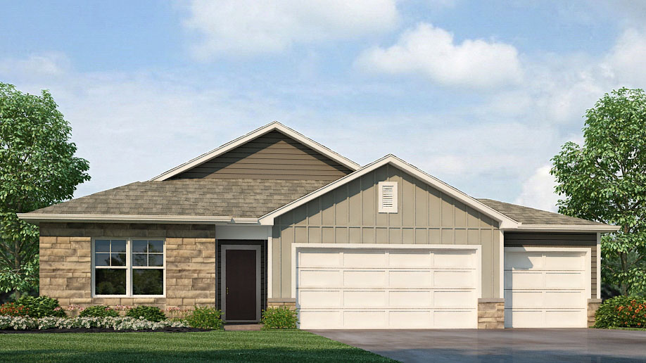 Newcastle front exterior with brown siding and two car garage
