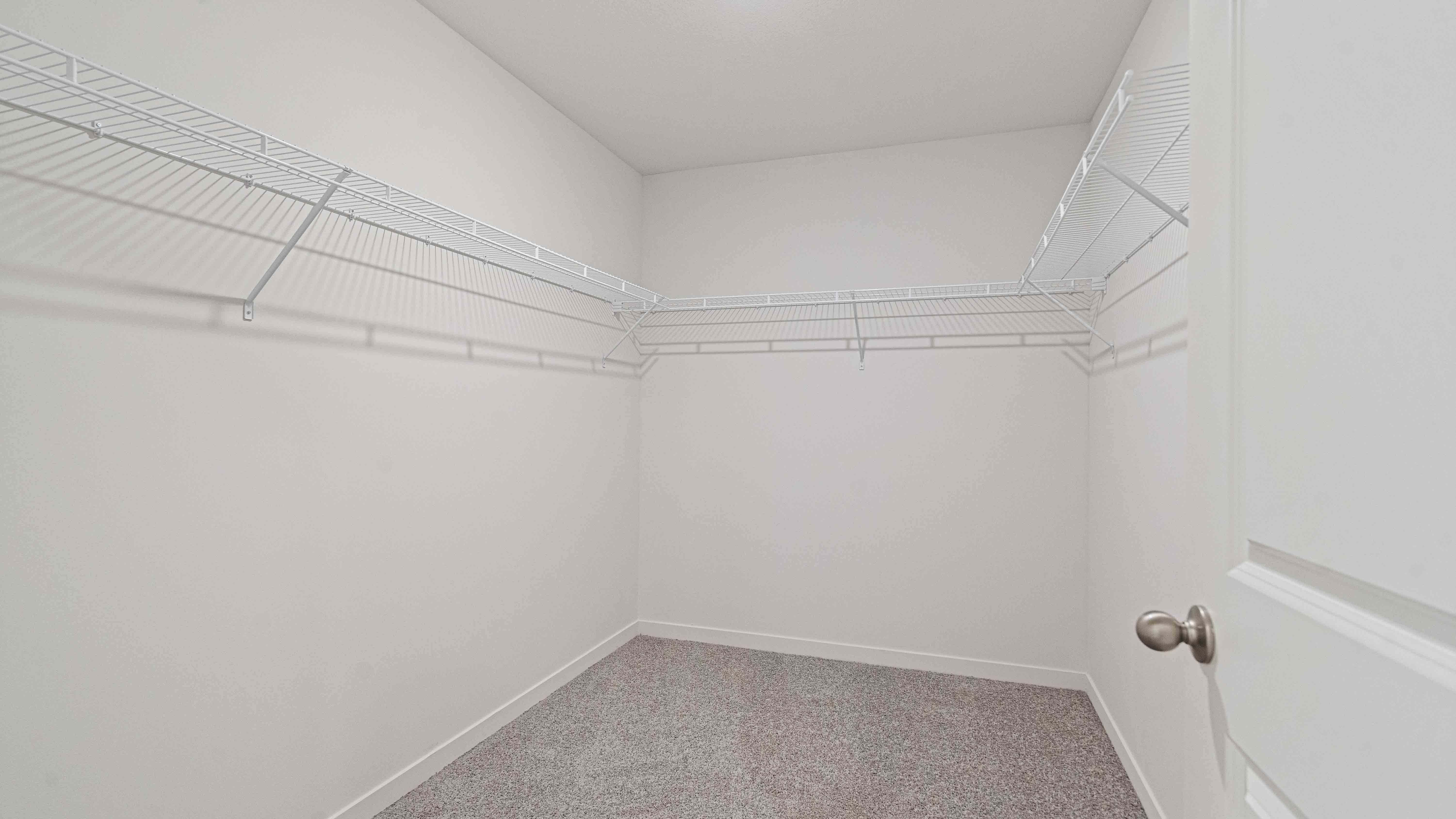 Primary walk in closet with gray carpet