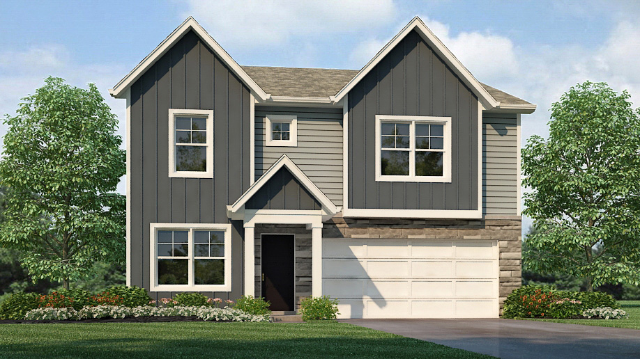 Holcombe front exterior with beige siding and garage