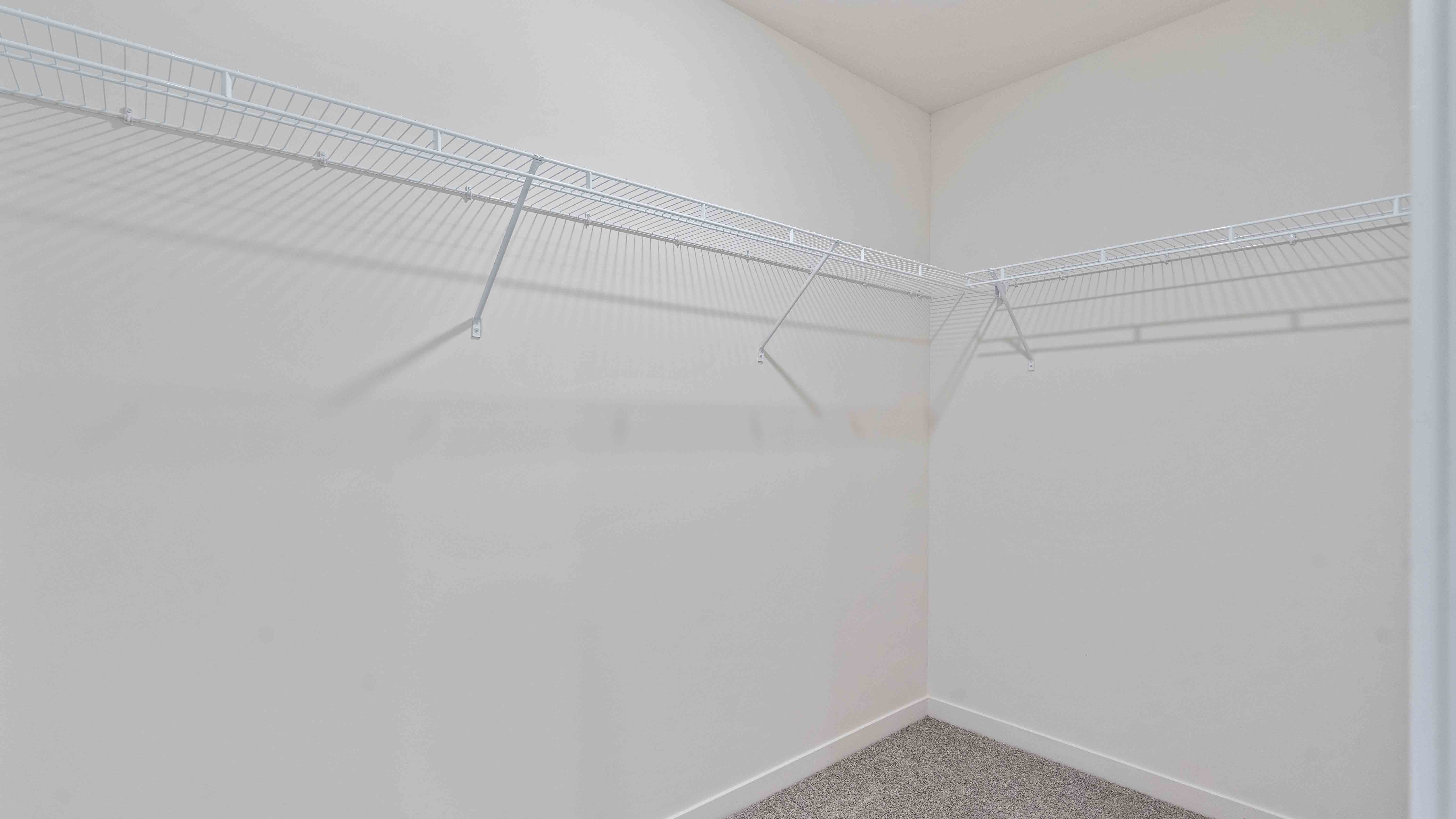 Carpeted primary walk in closet. New Homes in Kansas City, Missouri