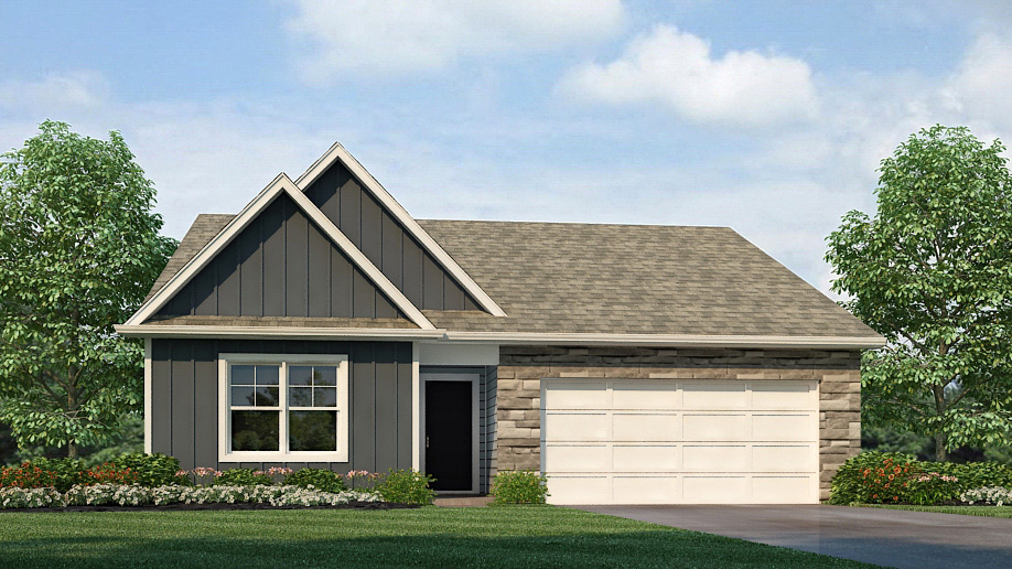 Newcastle front exterior with brown siding and two car garage